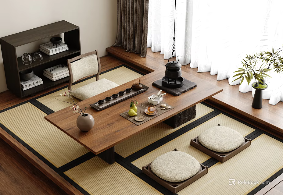 Traditional Tatami Style Tea Table and Chairs with Teapot Tray Vase Bookshelf and Green Plant 3d model 