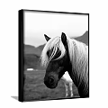 Black and White Horse Head Closeup Animal Painting with Mountains and Grassland Background