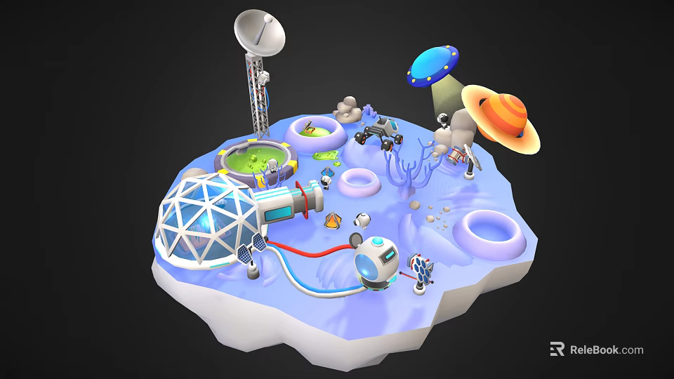 Futuristic Island Scene With Domed Structure Satellite Dish Alien Spaceships Robots And Ring Structures 3d model 
