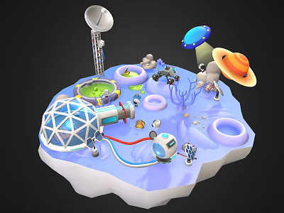 Futuristic Island Scene With Domed Structure Satellite Dish Alien Spaceships Robots And Ring Structures 3d model