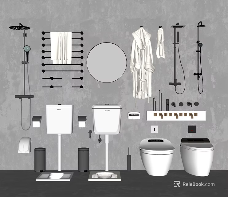 Modern Bathroom Toilet Design with Washbasin Towel Rack Mirror and Shower Accessories 3d model 