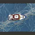 Red White and Blue Wooden Boat Sailing on Blue Waves with Deck and Mast