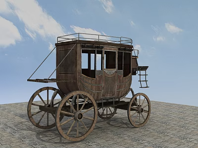 Vintage Horse-Drawn Wooden Carriage with Roof Rack and Windows on Stone Pavement under Blue Sky 3d model