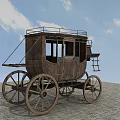 Vintage Horse-Drawn Wooden Carriage with Roof Rack and Windows on Stone Pavement under Blue Sky