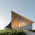 Unique Sales Office Building With Wooden Structure And Large Glass Windows In Green Field