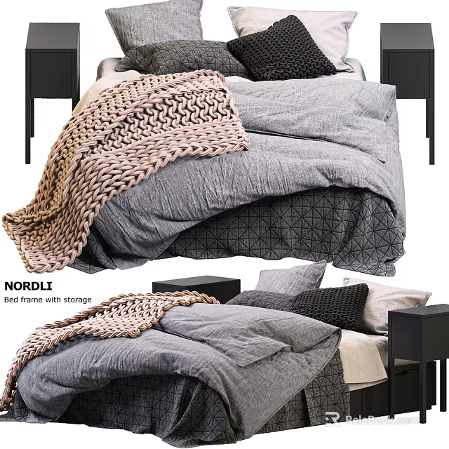 Stylish Double Bed With Gray Bedding Knitted Blanket And Black Beige Pillows 3d model 