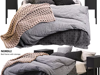 Stylish Double Bed With Gray Bedding Knitted Blanket And Black Beige Pillows 3d model