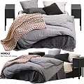 Stylish Double Bed With Gray Bedding Knitted Blanket And Black Beige Pillows