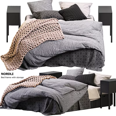 Stylish Double Bed With Gray Bedding Knitted Blanket And Black Beige Pillows 3d model