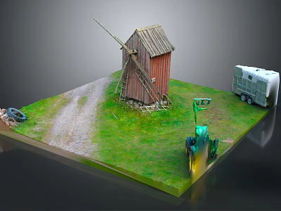 Rural Scene Model With Wooden Windmill Cabin Tractor Trailer And Grass Path 3d model