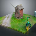 Rural Scene Model With Wooden Windmill Cabin Tractor Trailer And Grass Path