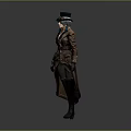 Steampunk Style Character Outfit With Brown Long Coat Top Hat Green Scarf And Leather Gloves