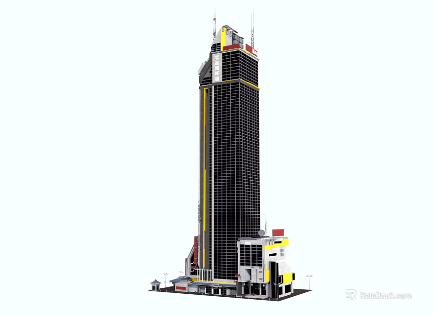 Cartoon Scene of Modern Tall Building with Yellow Red Accents and Small Base Structures 3d model 