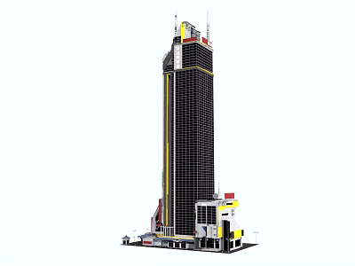 Cartoon Scene of Modern Tall Building with Yellow Red Accents and Small Base Structures 3d model