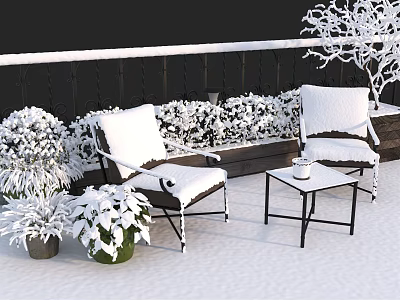 Snow Covered Outdoor Table With Chairs And Plants On Winter Balcony 3d model