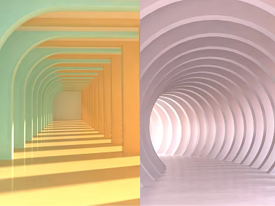 Modern Office Corridor With Curved Archways And Colorful Light Shadow Effects 3d model