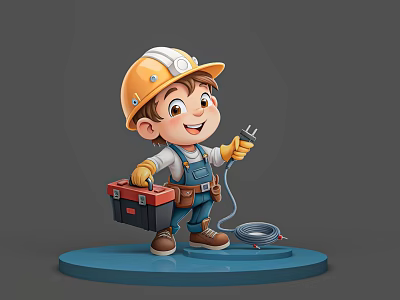 Man in Electrician Uniform With Hard Hat Toolbox and Electrical Wire 3d model