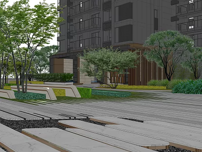 Modern Urban Residential Landscape Design With Trees Lawn Wooden Walkway And Geometric Features 3d model