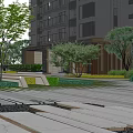 Modern Urban Residential Landscape Design With Trees Lawn Wooden Walkway And Geometric Features