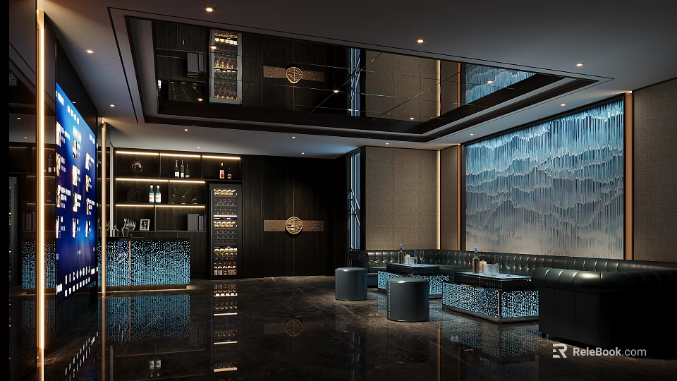 Modern Luxury KTV Lobby Interior With Bar Counter Sofa Decorative Painting And Lighting 3d model 