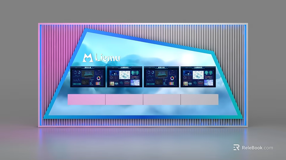 Contemporary Display Shelf with LED Strip Lights Multiple Digital Screens and Colorful Accents 3d model 