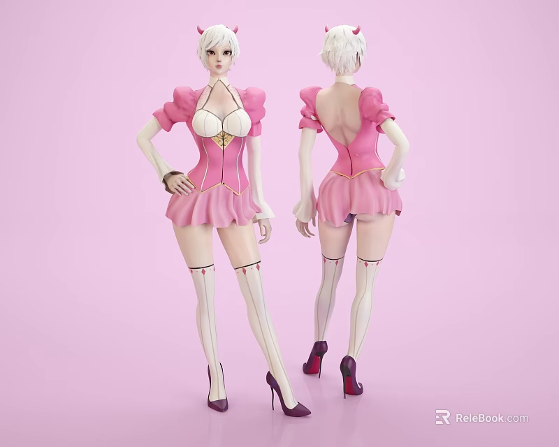Anime Game Character With White Short Hair Horns Pink Dress White Thigh High Stockings And Red Heels 3d model 