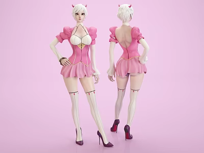 Anime Game Character With White Short Hair Horns Pink Dress White Thigh High Stockings And Red Heels 3d model