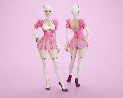 Anime Game Character With White Short Hair Horns Pink Dress White Thigh High Stockings And Red Heels 3d model