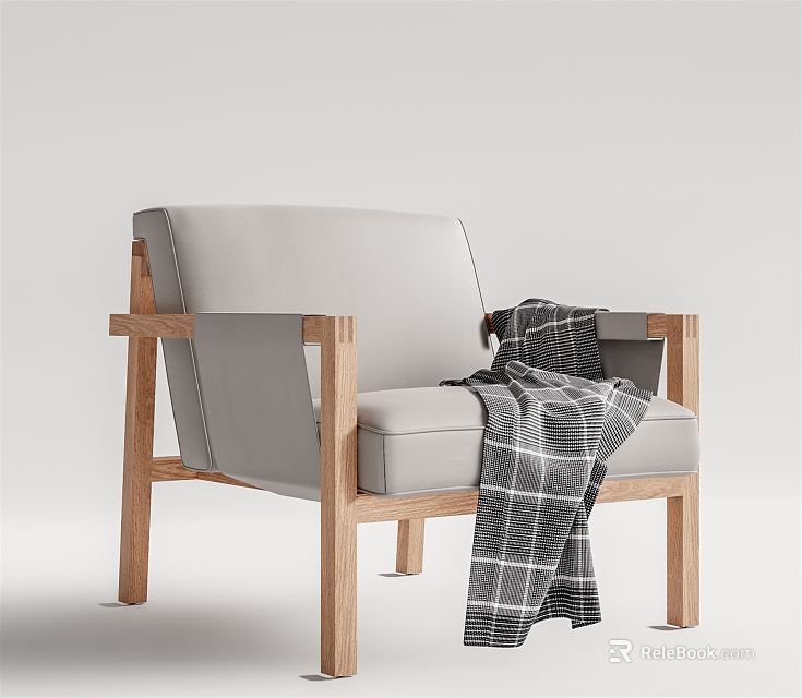 Modern Single Sofa With Light Gray Upholstery Wooden Frame And Plaid Blanket 3d model 