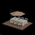 Stunning Outdoor Table with White Tablecloth Dinnerware Flower Vase and Beige Parasol on Wooden Deck