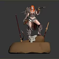 Warrior Woman with Red Hair in Armor Standing on Pedestal With Skull and Weapons