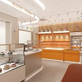 Modern Dessert Shop Interior With Orange Counter Wooden Shelves And Glass Display Cases