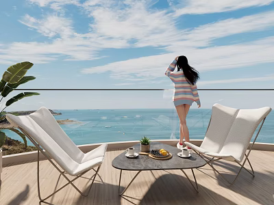 White Outdoor Chairs On Balcony With Sea View Coffee Table And Green Plant 3d model