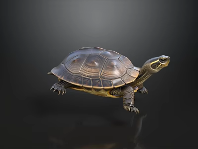 Detailed Aquatic Turtle With Brown Shell And Yellow Striped Head On Dark Background 3d model