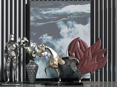 Modern Storage Cabinet Display with Silver Armor Statue White Flowers and Golden Horse Sculpture 3d model
