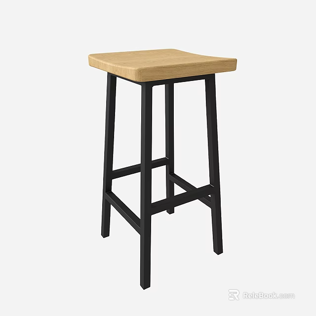 Modern Bar Stool With Wooden Square Seat And Black Metal Frame 3d model 