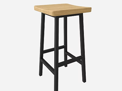 Modern Bar Stool With Wooden Square Seat And Black Metal Frame 3d model