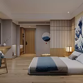 Modern Hotel Guest Room Interior With Bed Desk Chair And Blue Ambient Lighting