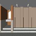 Modern Public Restroom With Brown Walls Arched Mirror Wooden Stalls Illuminated Countertop And Stone Steps