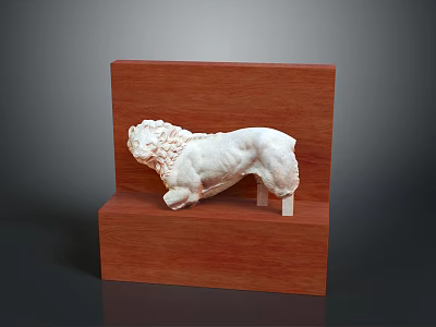 White Lion Sculpture Mounted On Two Tiered Reddish Brown Wooden Display Stand 3d model