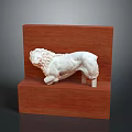 White Lion Sculpture Mounted On Two Tiered Reddish Brown Wooden Display Stand