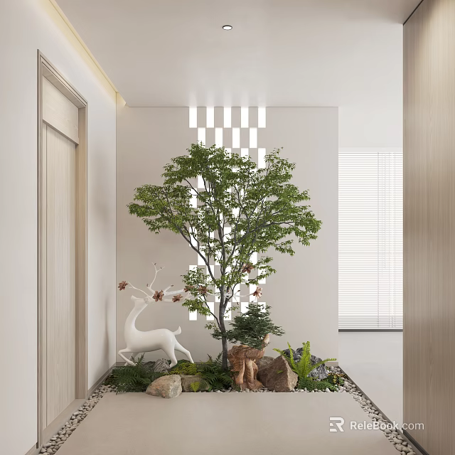 Tranquil Indoor Landscape With Large Tree White Deer Sculpture Greenery Stones Checkerboard Partition And Blinds 3d model 
