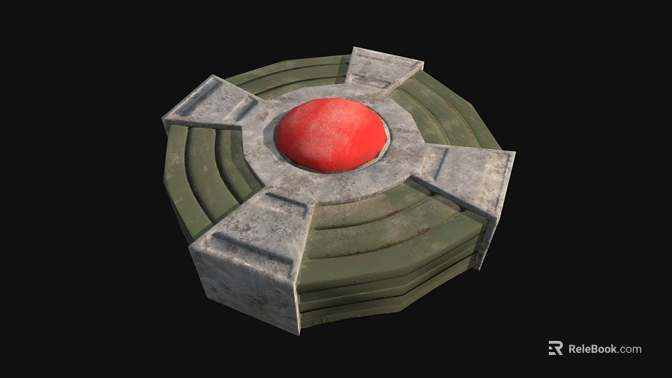 Circular Weapon Device Featuring Green Base Red Sphere And Gray Structural Components 3d model