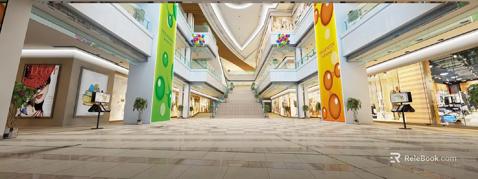 Spacious Shopping Mall Lobby With Multi Level Staircase Colorful Decorative Columns And Balloons 3d model 