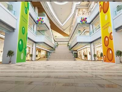Spacious Shopping Mall Lobby With Multi Level Staircase Colorful Decorative Columns And Balloons 3d model