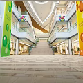 Spacious Shopping Mall Lobby With Multi Level Staircase Colorful Decorative Columns And Balloons