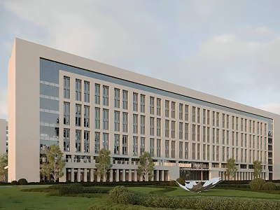 Modern Office Building With Large Glass Windows Sleek Exterior Lush Lawn And Trees 3d model