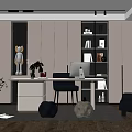 Modern Study Room Interior Design With Desk Computer Bookshelf And Decorative Plants 3d model