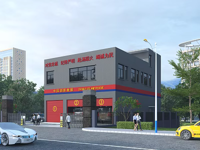 Fire Station Exterior With Gray Building Red Doors Street Vehicles And Trees 3d model