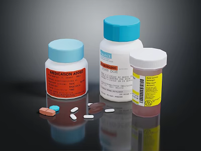 Assorted Food Supplement Bottles With Blue White Brown Pills And Labels 3d model
